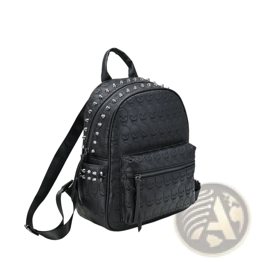 Black studded skull leather commute backpack with silver zippers and studs shown from the back side
