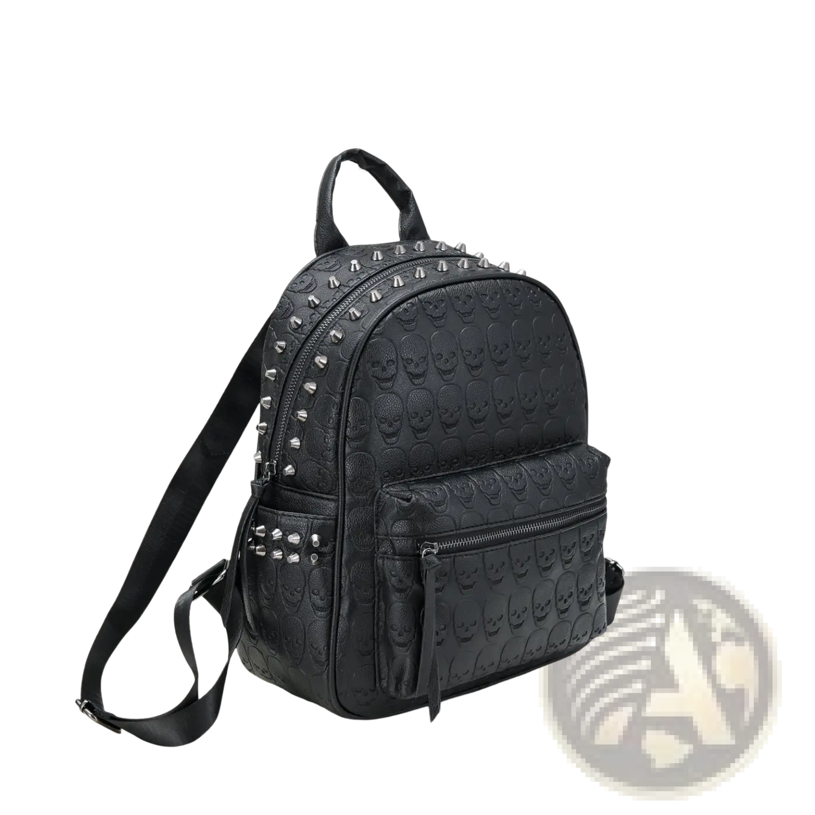 Black studded skull leather commute backpack with silver zippers and studs shown from the back side