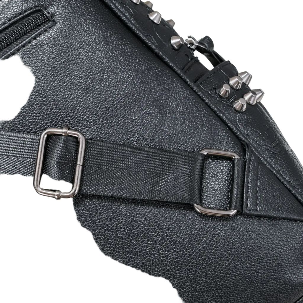 Black studded skull leather commute backpack in black textured leather with silver metal studs and buckle straps