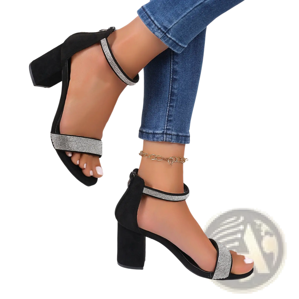 Black suede rhinestone block heel sandals featuring sparkling silver rhinestone straps for elegant occasions