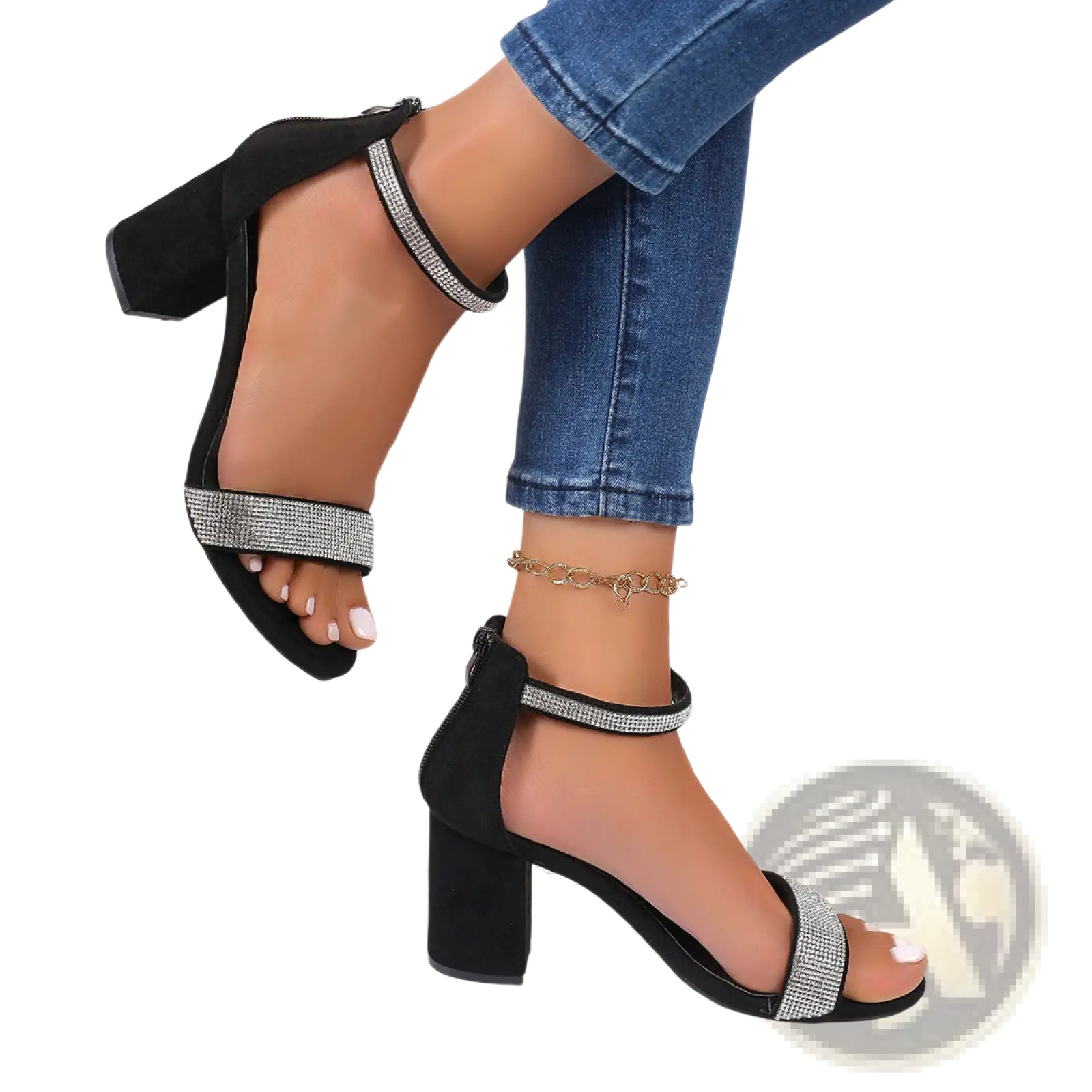 Black suede rhinestone block heel sandals featuring sparkling silver rhinestone straps for elegant occasions
