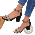 Black suede rhinestone block heel sandals featuring silver rhinestone straps and comfortable block heels