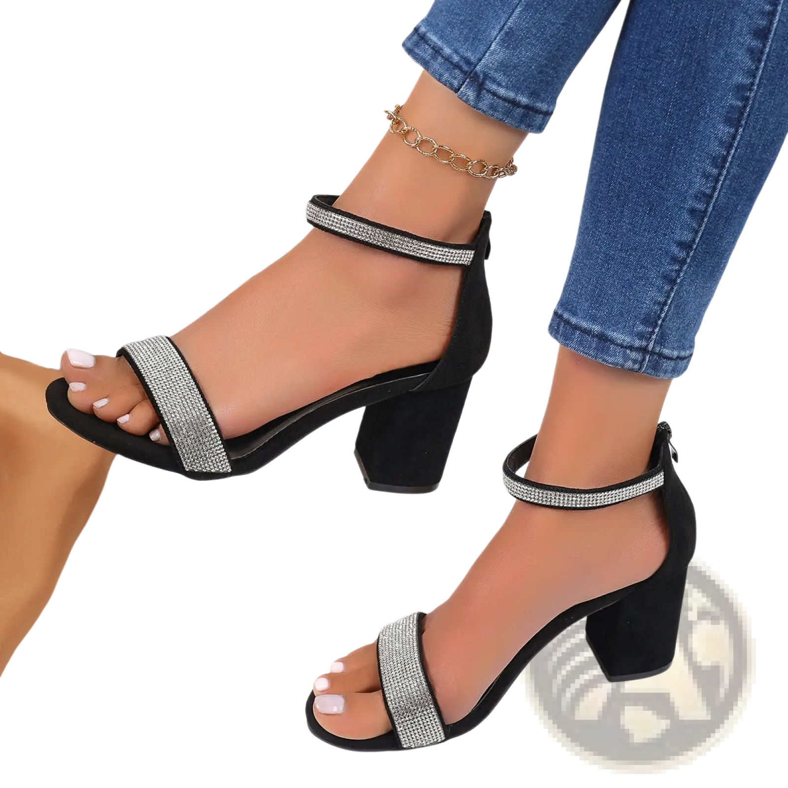 Black suede rhinestone block heel sandals featuring silver rhinestone straps and comfortable block heels