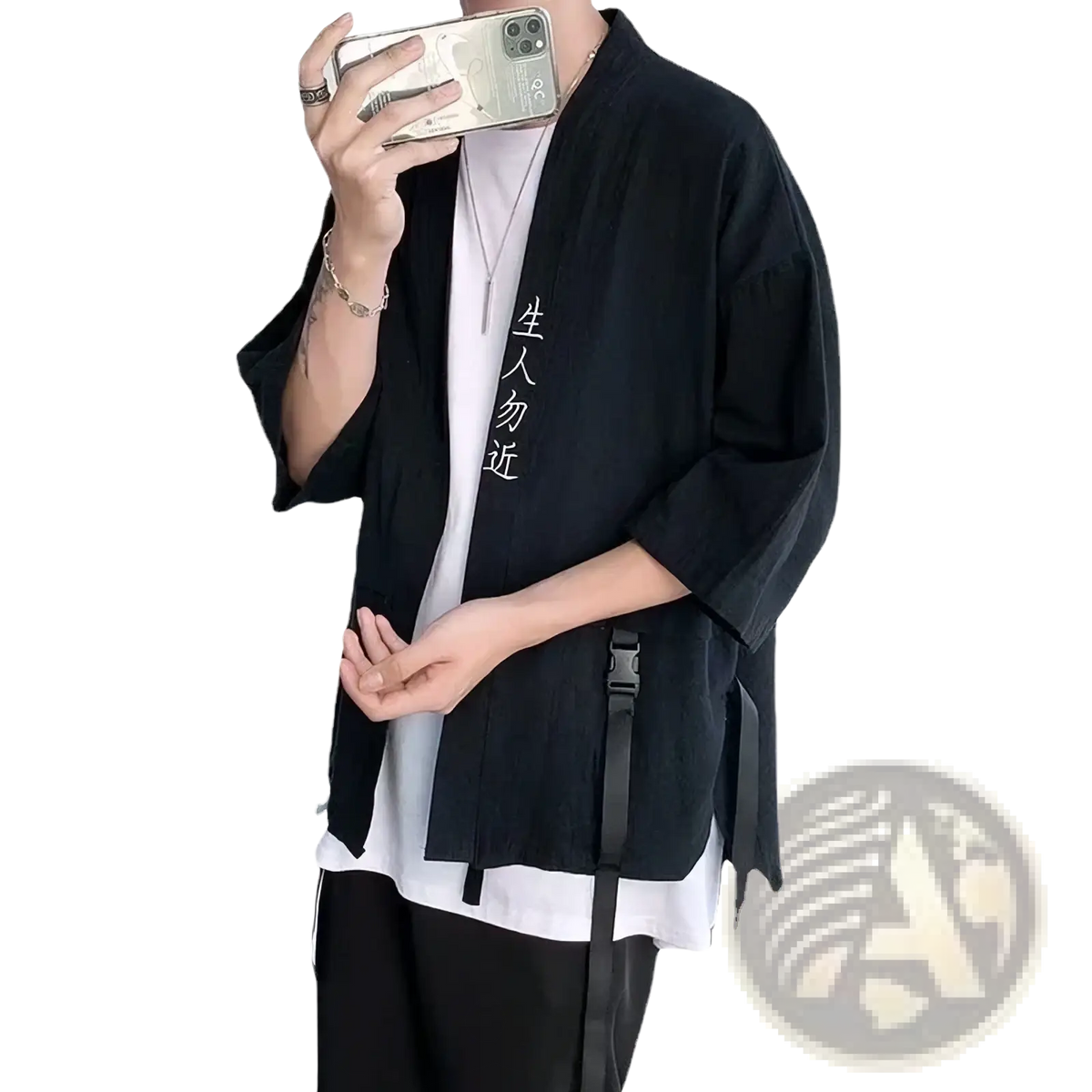 Black qiuque branded tactical trench coat streetwear jacket open front with three quarter sleeves and white chinese print