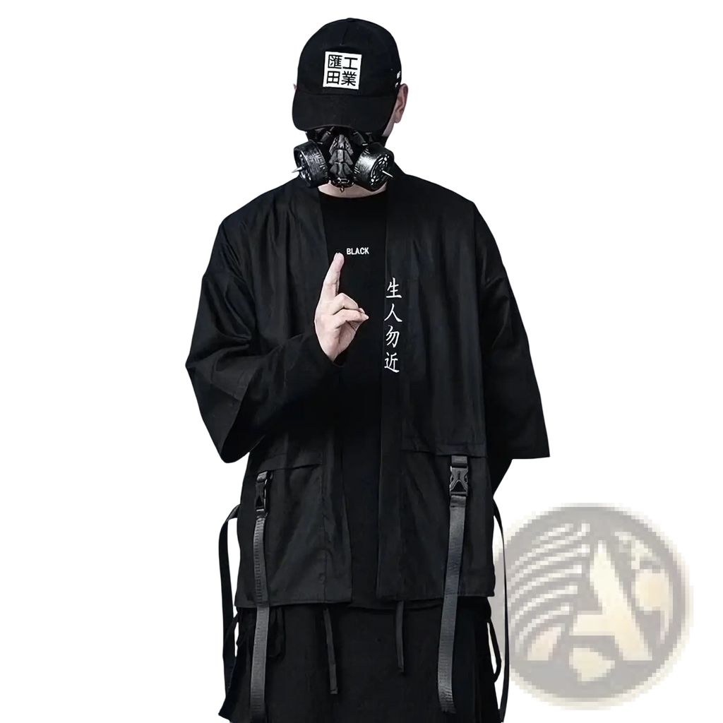 Black tactical trench coat streetwear jacket with adjustable straps and vertical text on the front in black fabric