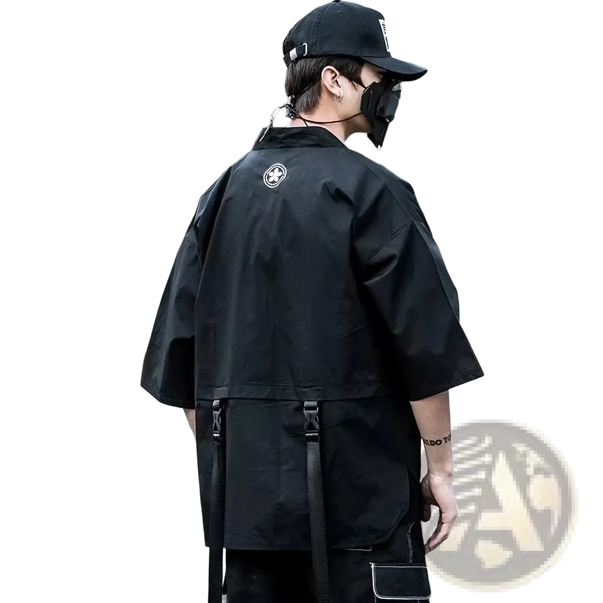 Black tactical trench coat streetwear jacket shown from the back with adjustable straps and a subtle logo patch