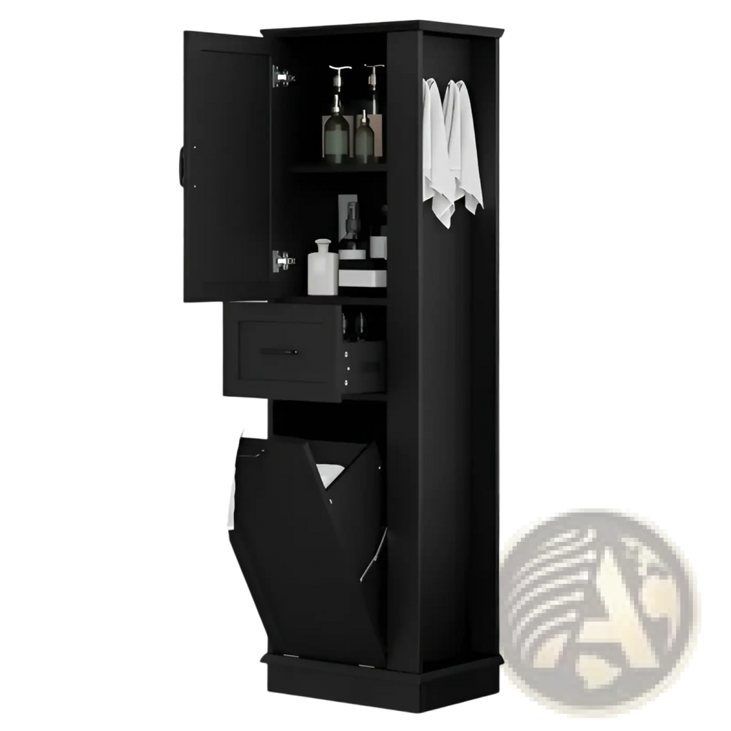 Black tall wooden bathroom cabinet with open door drawer and built-in tilt out trash bin for bathroom storage