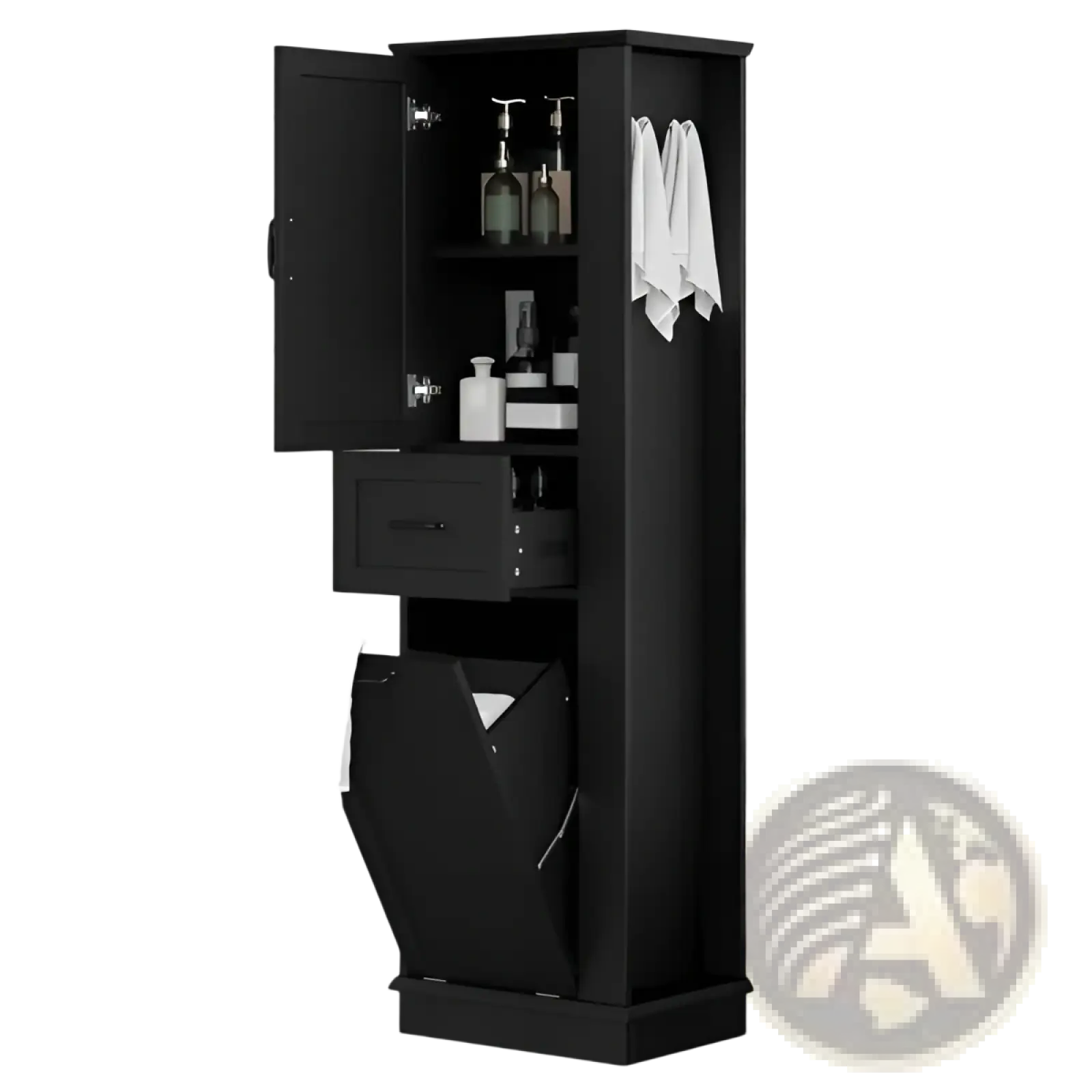 Black tall wooden bathroom cabinet with open door drawer and built-in tilt out trash bin for bathroom storage