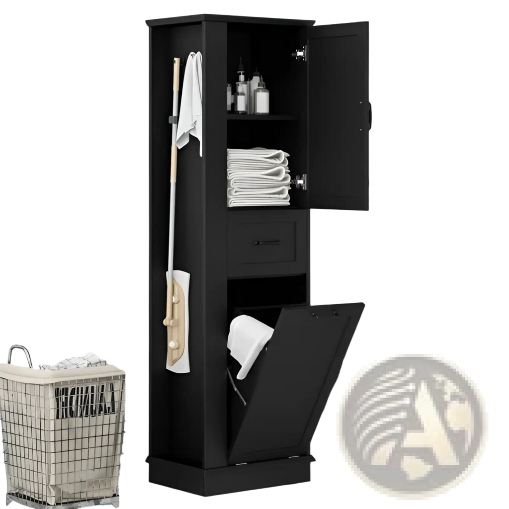 Black tall bathroom cabinet with hexagonal shape featuring an open door, drawer, and tilt out trash bin compartment