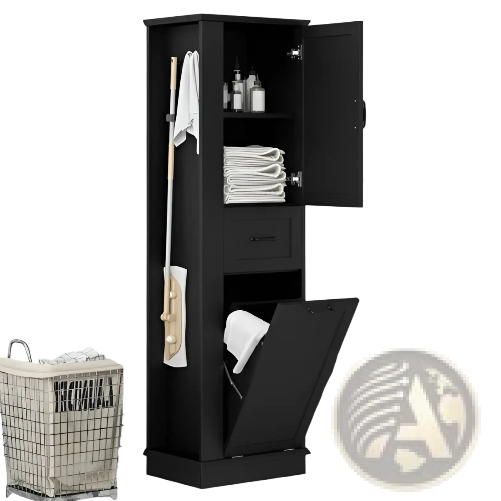 Black tall bathroom cabinet with hexagonal shape featuring an open door, drawer, and tilt out trash bin compartment