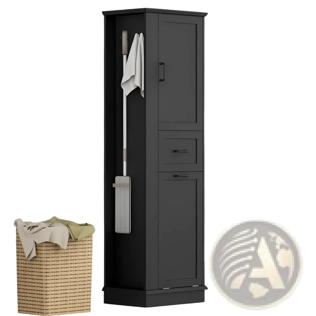 Black tall bathroom cabinet with single door two drawers tilt out trash bin and side towel rack for storage organization