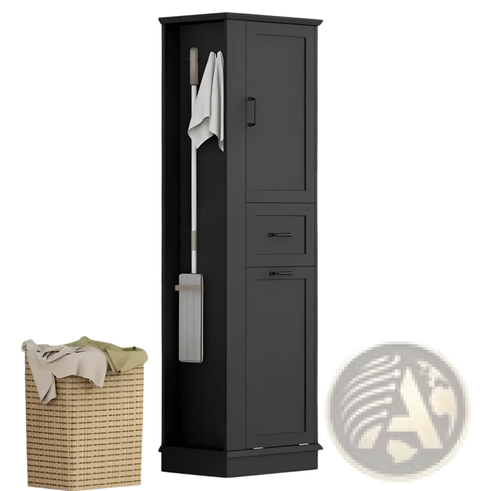 Black tall bathroom cabinet with single door two drawers tilt out trash bin and side towel rack for storage organization