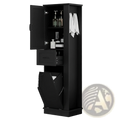 Black tall wooden bathroom cabinet with open door drawer and built-in tilt out trash bin for storage
