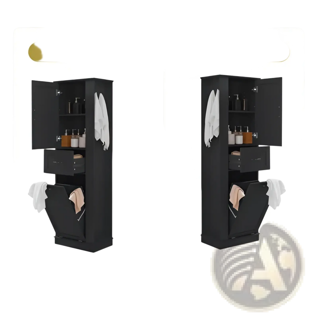 Black tall bathroom cabinet with two doors, drawers, hanging towel racks, and a tilt out trash bin for storage
