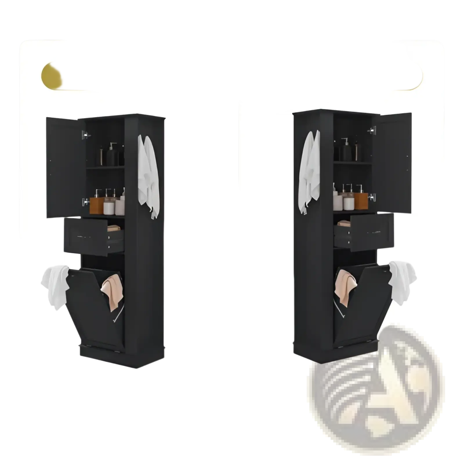 Black tall bathroom cabinet with two doors, drawers, hanging towel racks, and a tilt out trash bin for storage