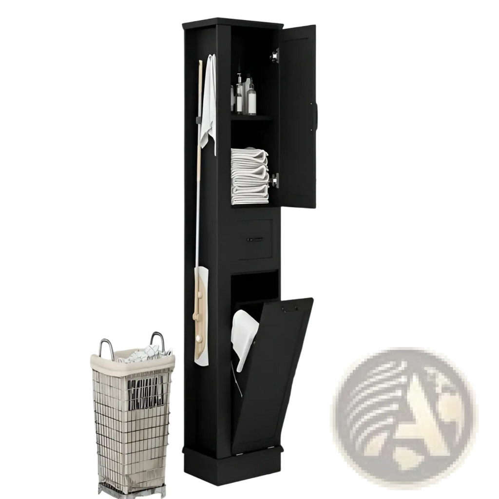 Black tall bathroom cabinet with tilt out trash bin open door showing shelves with towels and toiletries and a drawer below