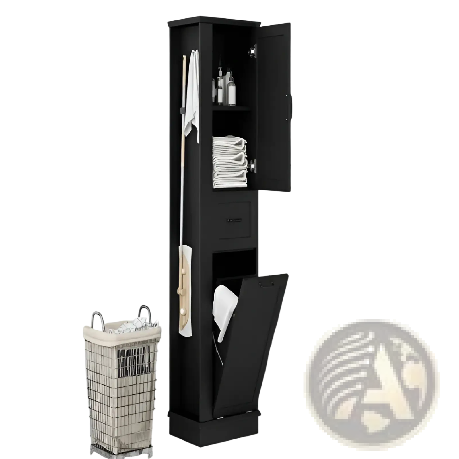 Black tall bathroom cabinet with tilt out trash bin open door showing shelves with towels and toiletries and a drawer below