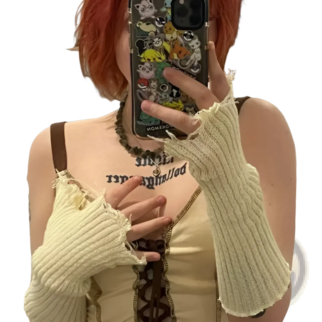 Black tattered knit fingerless gloves unisex with a phone case featuring colorful cartoon stickers and homer branding