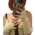Black tattered knit fingerless gloves unisex with a phone case featuring colorful cartoon stickers and homer branding