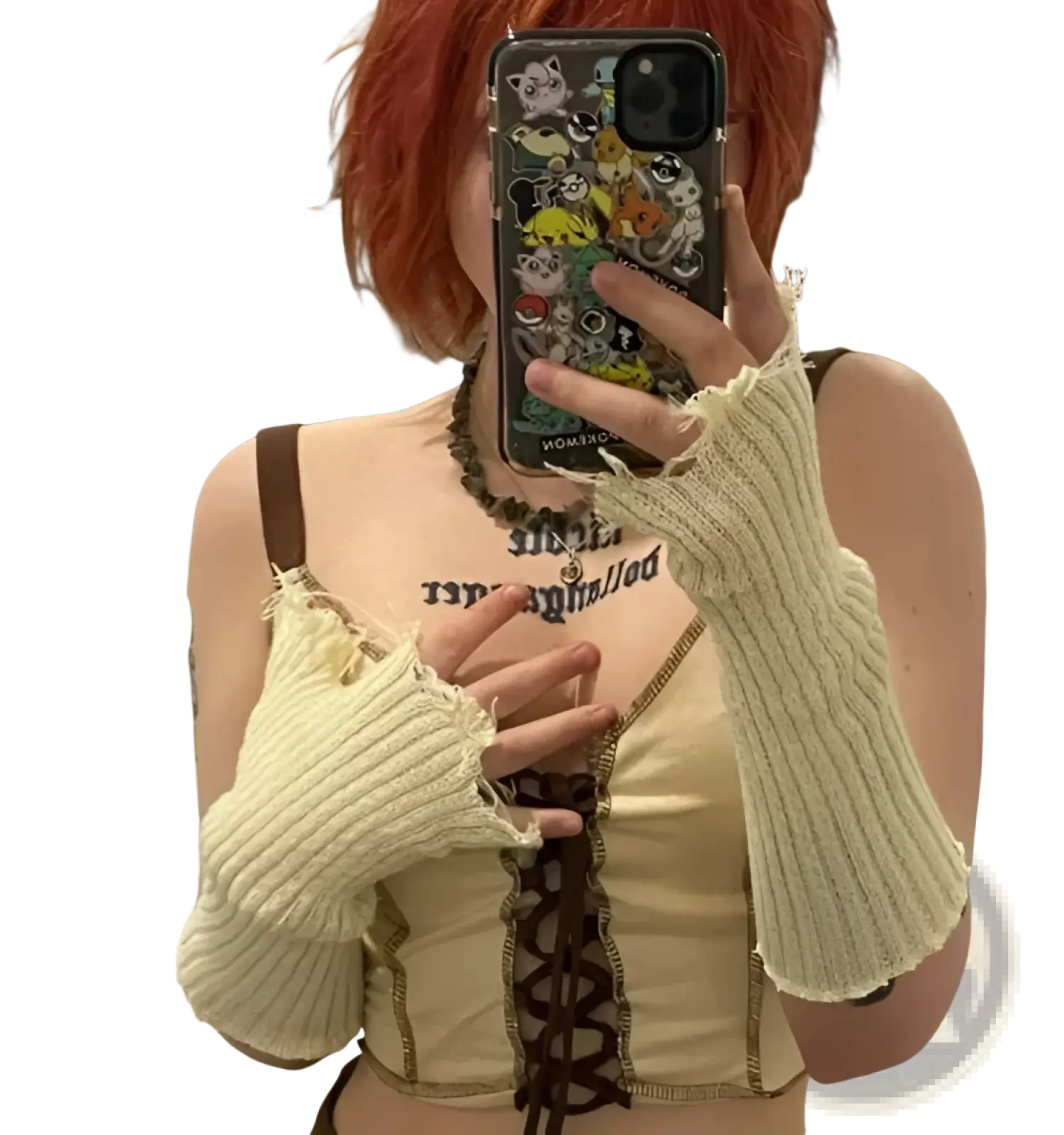 Black tattered knit fingerless gloves unisex in cream ribbed knit with frayed edges and brown lace-up detailing