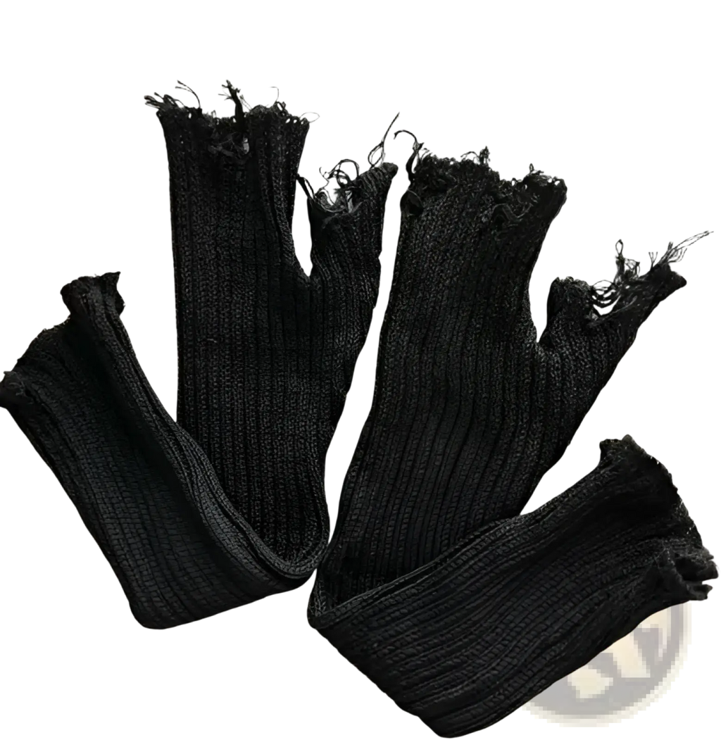 Black tattered knit fingerless gloves showing the back side with frayed edges made of black knitted fabric