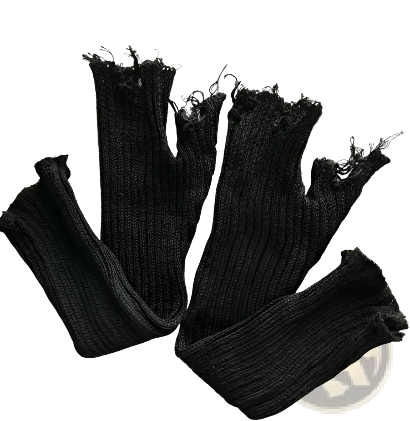 Black tattered knit fingerless gloves showing the back side with frayed edges made of black knitted fabric