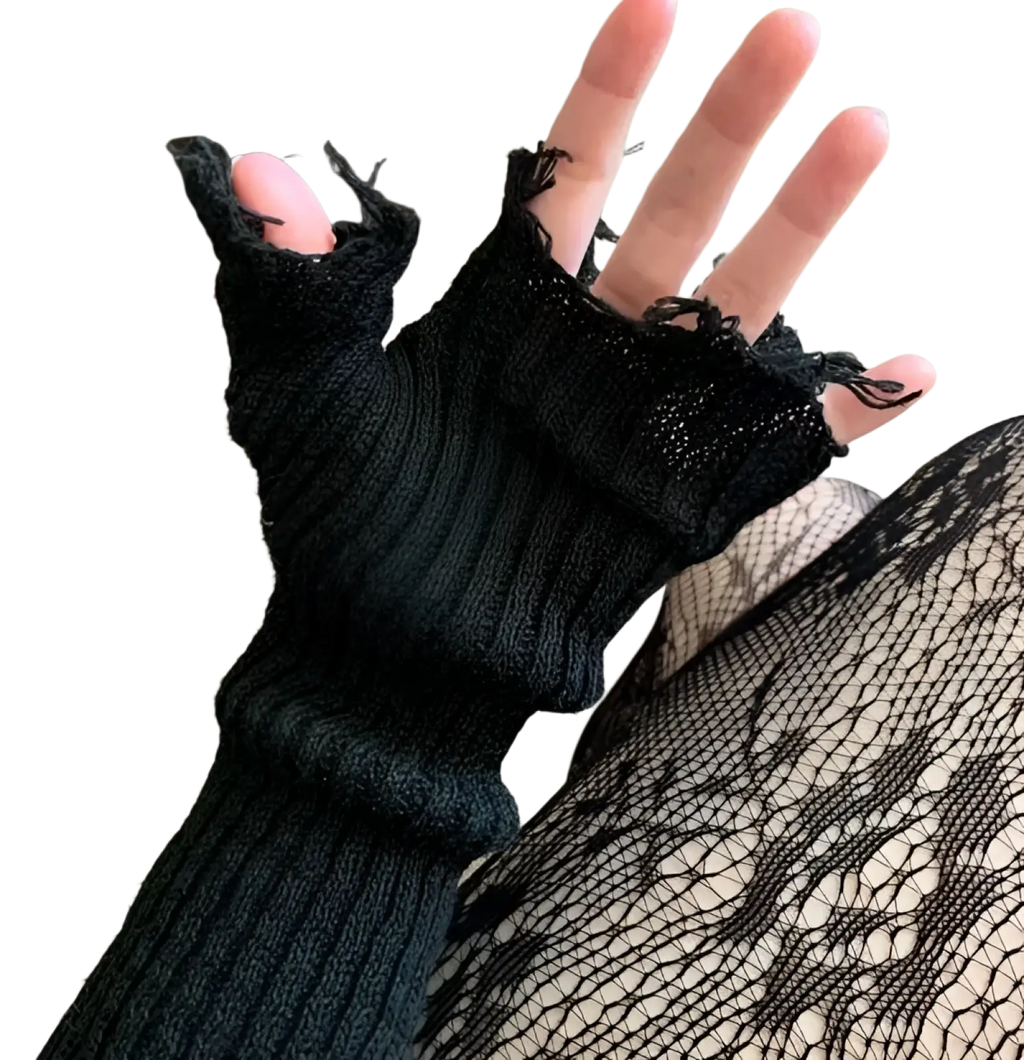 Black tattered knit fingerless gloves unisex with ribbed texture and frayed edges in black knitted fabric