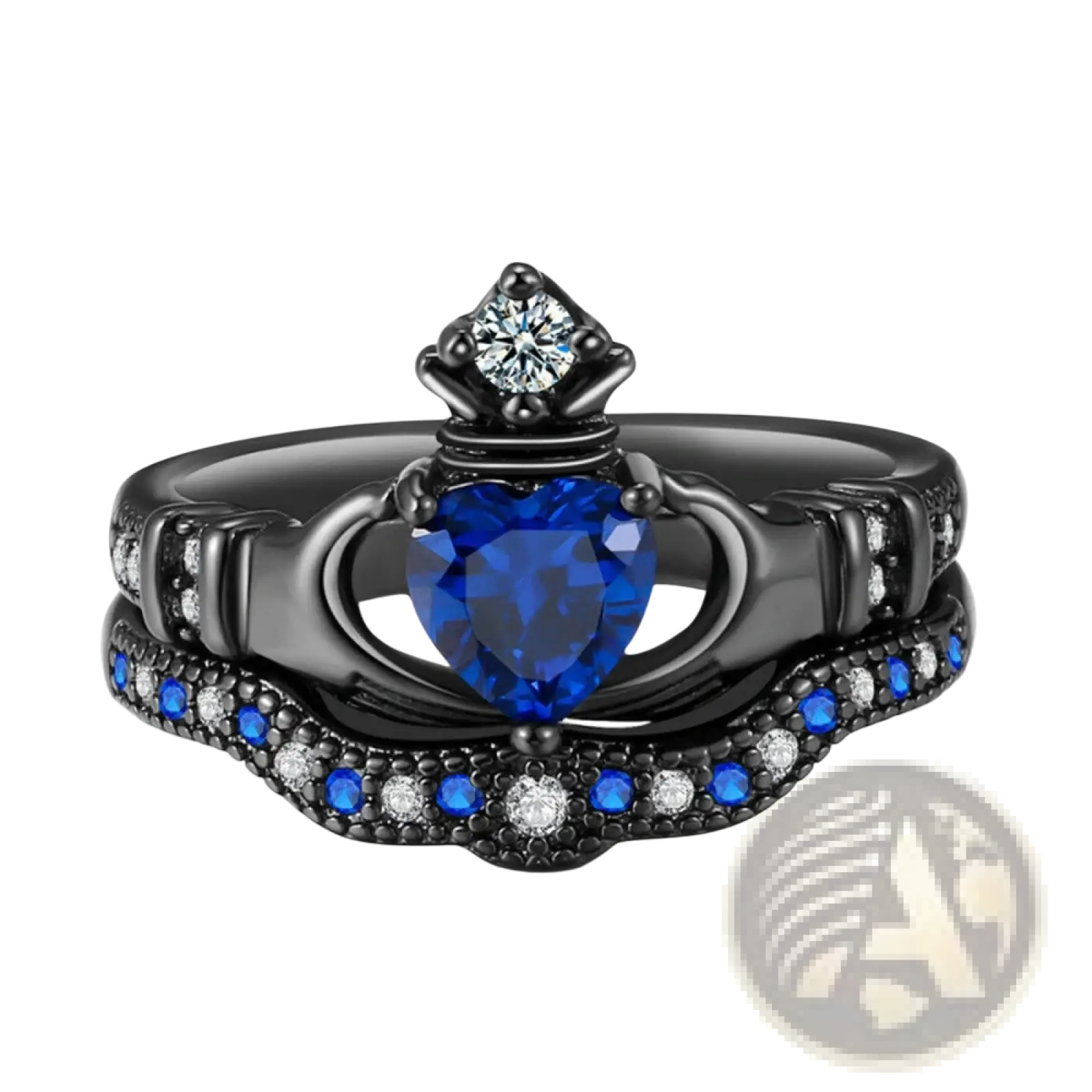 Black titanium claddagh engagement ring set with a heart-shaped blue sapphire and smaller blue and clear stones