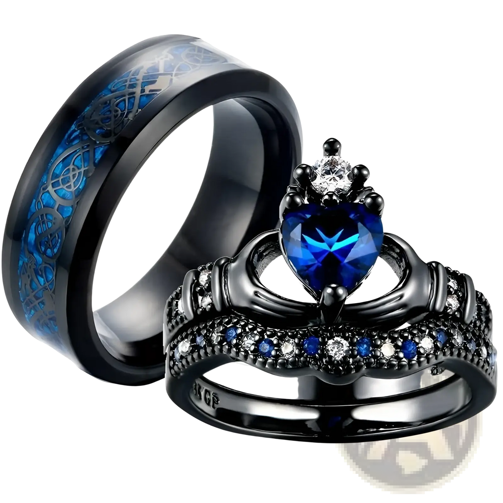 Black titanium blue heart sapphire claddagh wedding ring set with crown design diamonds and engraved glowing blue band