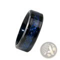 Black tungsten ring with glowing blue inlay and intricate silver celtic knotwork from claddagh wedding set