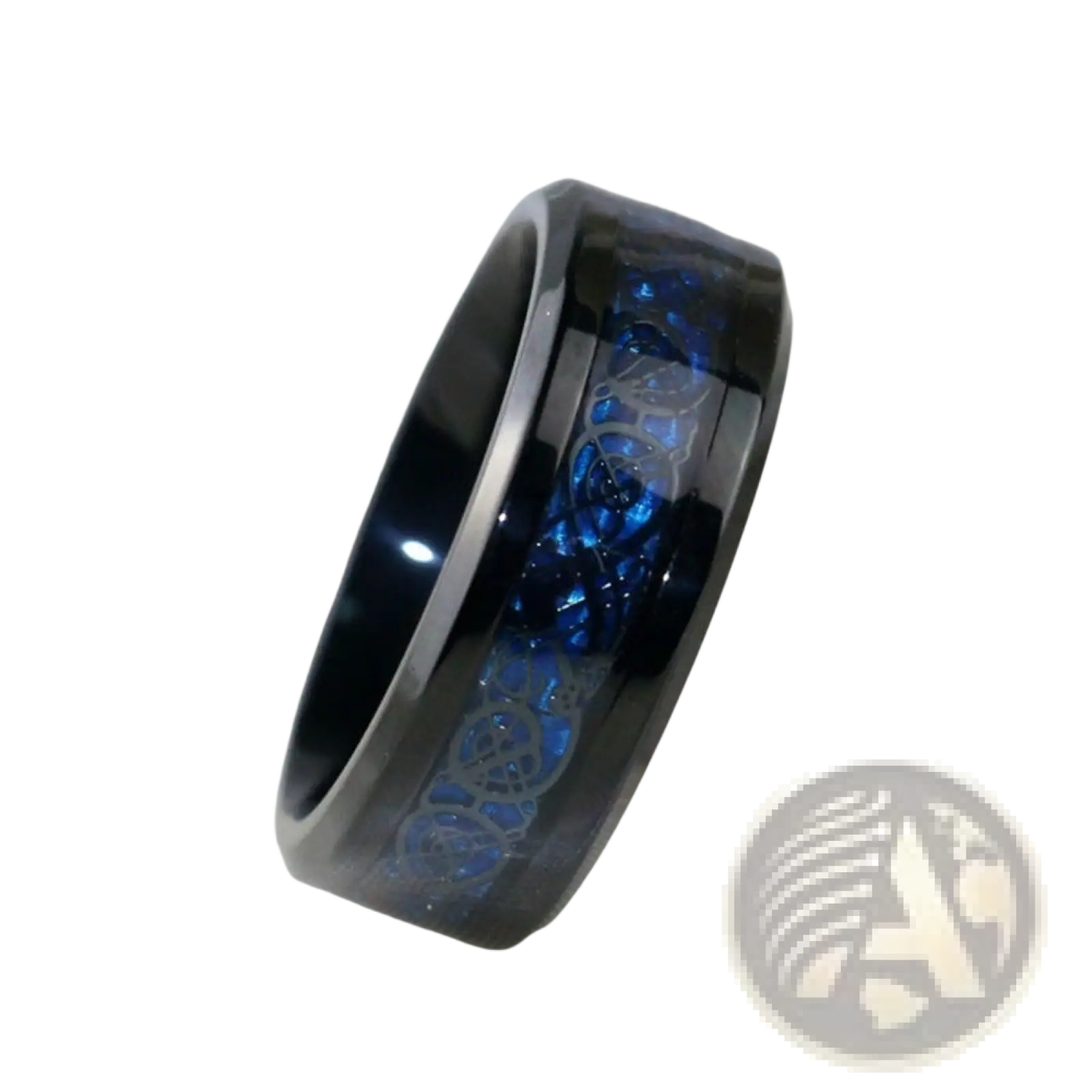 Black tungsten ring with glowing blue inlay and intricate silver celtic knotwork from claddagh wedding set
