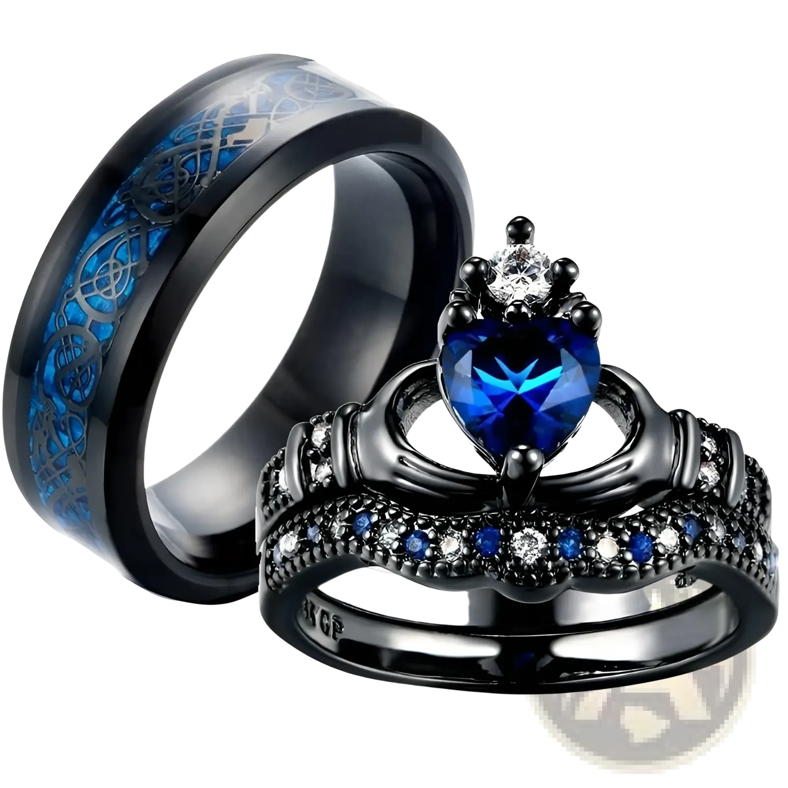 Black titanium claddagh wedding ring set with heart-shaped blue sapphire gemstone and engraved glowing blue patterns