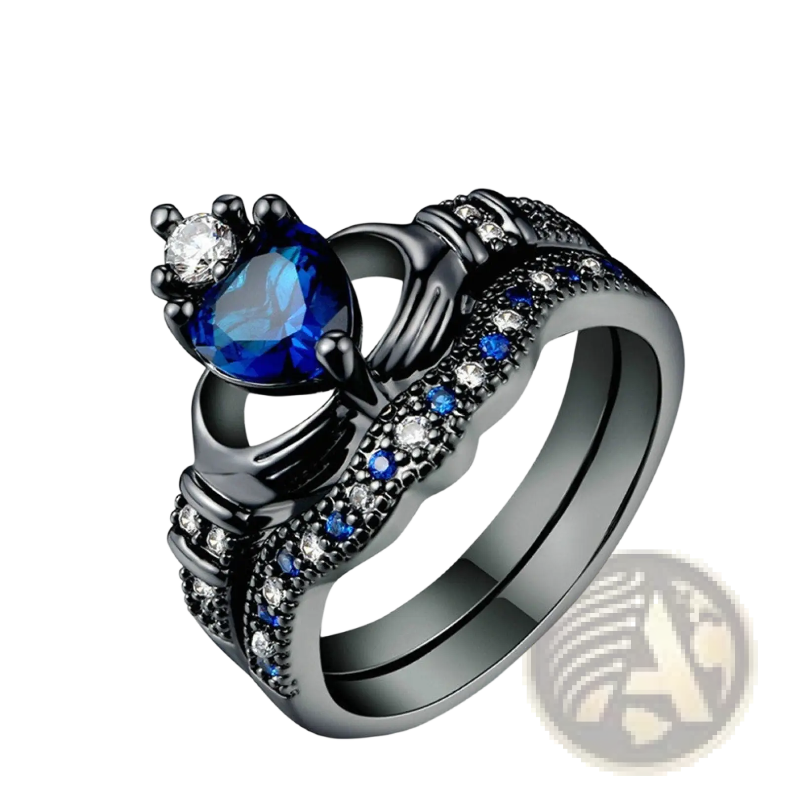Black titanium claddagh wedding ring set featuring a central blue sapphire and diamond accent with blue and white stones