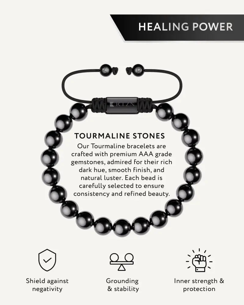 Aaa grade black tourmaline bali beaded bracelet with sleek adjustable cord and central branded slider clasp