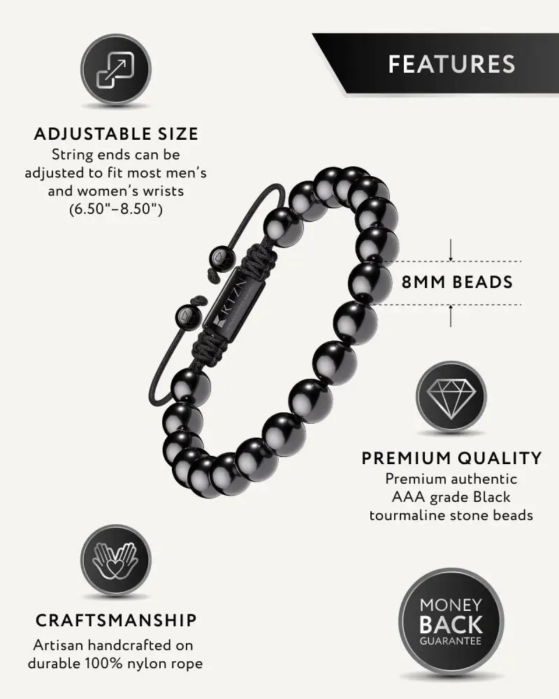 Aaa grade black tourmaline Bali beaded bracelet with 8mm black stone beads and branded metal clasp