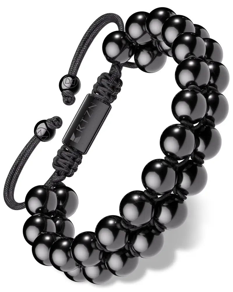 Aaa grade black tourmaline double strand beaded bracelet with braided cord and rectangular metal clasp