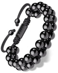 Aaa grade black tourmaline double strand beaded bracelet with braided cord and rectangular metal clasp