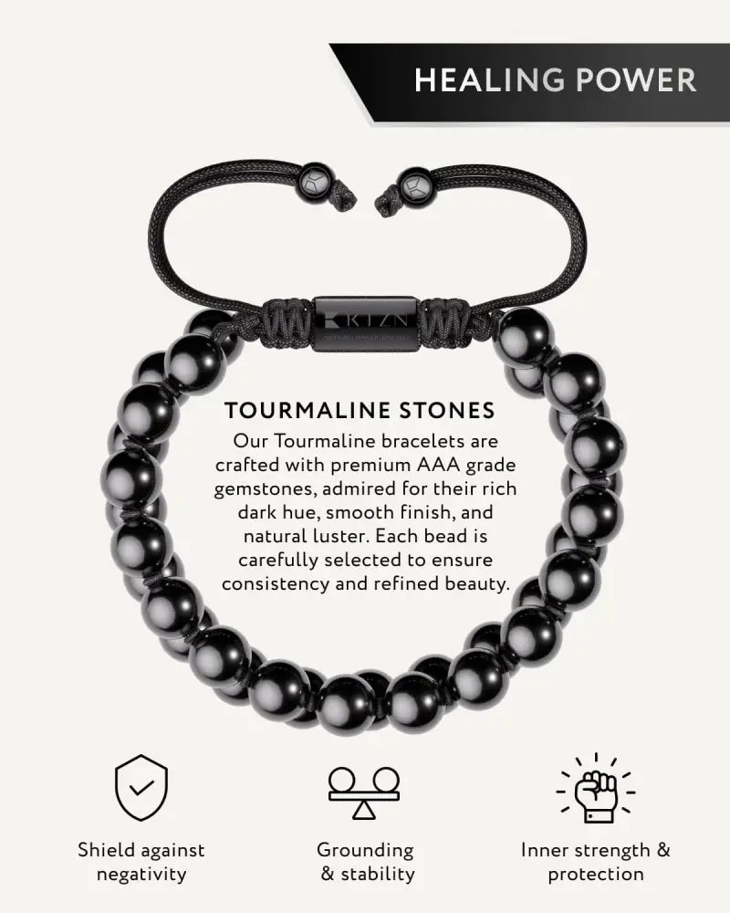 Aaa grade black tourmaline double strand beaded bracelet with sleek braided cord and minimalist metal clasp
