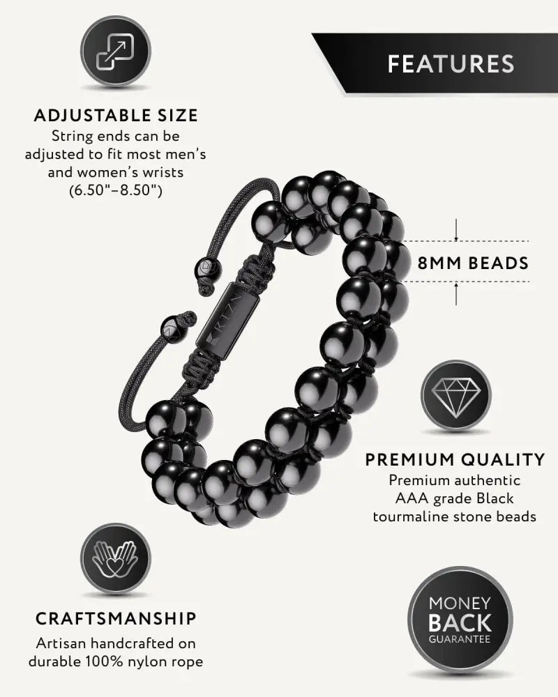 Aaa grade black tourmaline double strand beaded bracelet with 8mm black stone beads and adjustable nylon rope