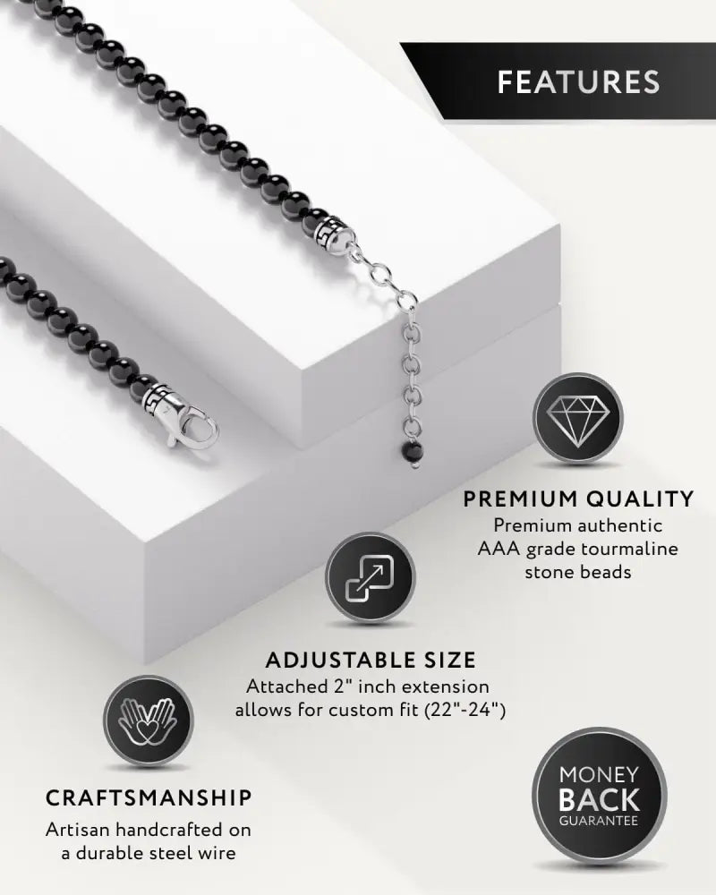 Black tourmaline beaded necklace with silver-toned stainless steel clasp and extension chain