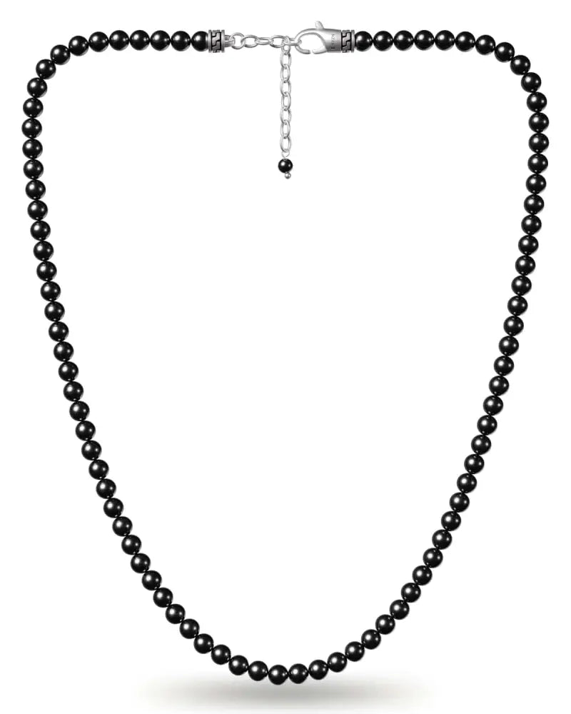 Black tourmaline beaded necklace with silver toned stainless steel clasp and chain for elegant wear