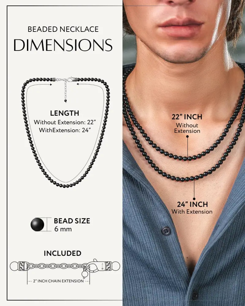 Black tourmaline beaded necklace with 6mm spherical beads and silver-toned stainless steel clasp with chain extension
