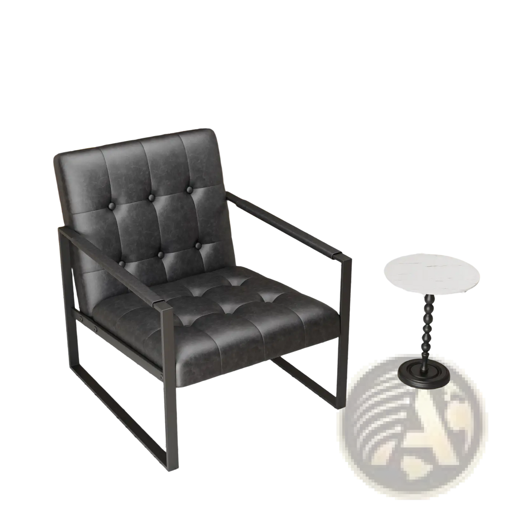 Black tufted leather accent chair with a sleek metal frame designed for stylish and comfortable seating