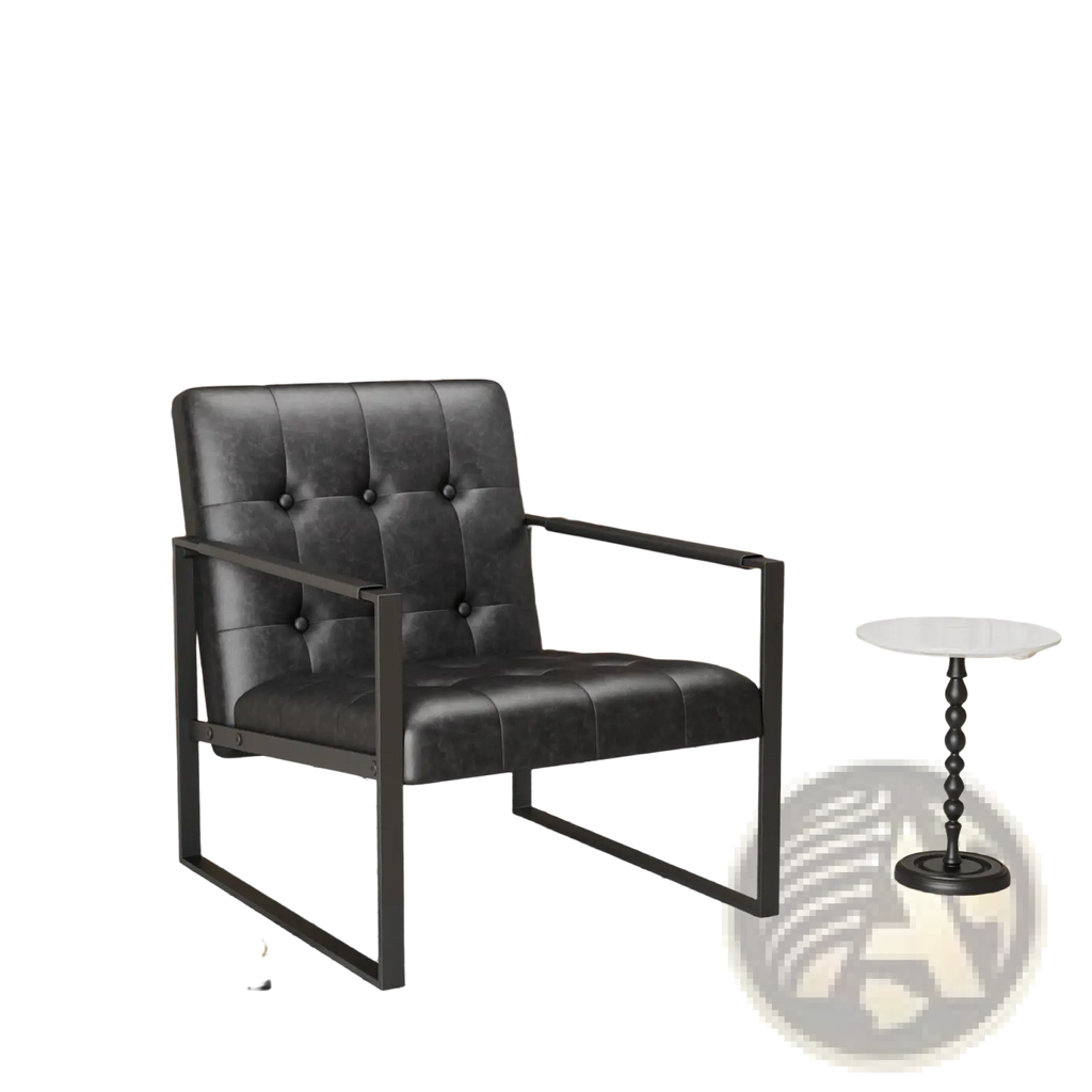 Black tufted leather accent chair with a sleek metal frame designed for stylish and comfortable seating
