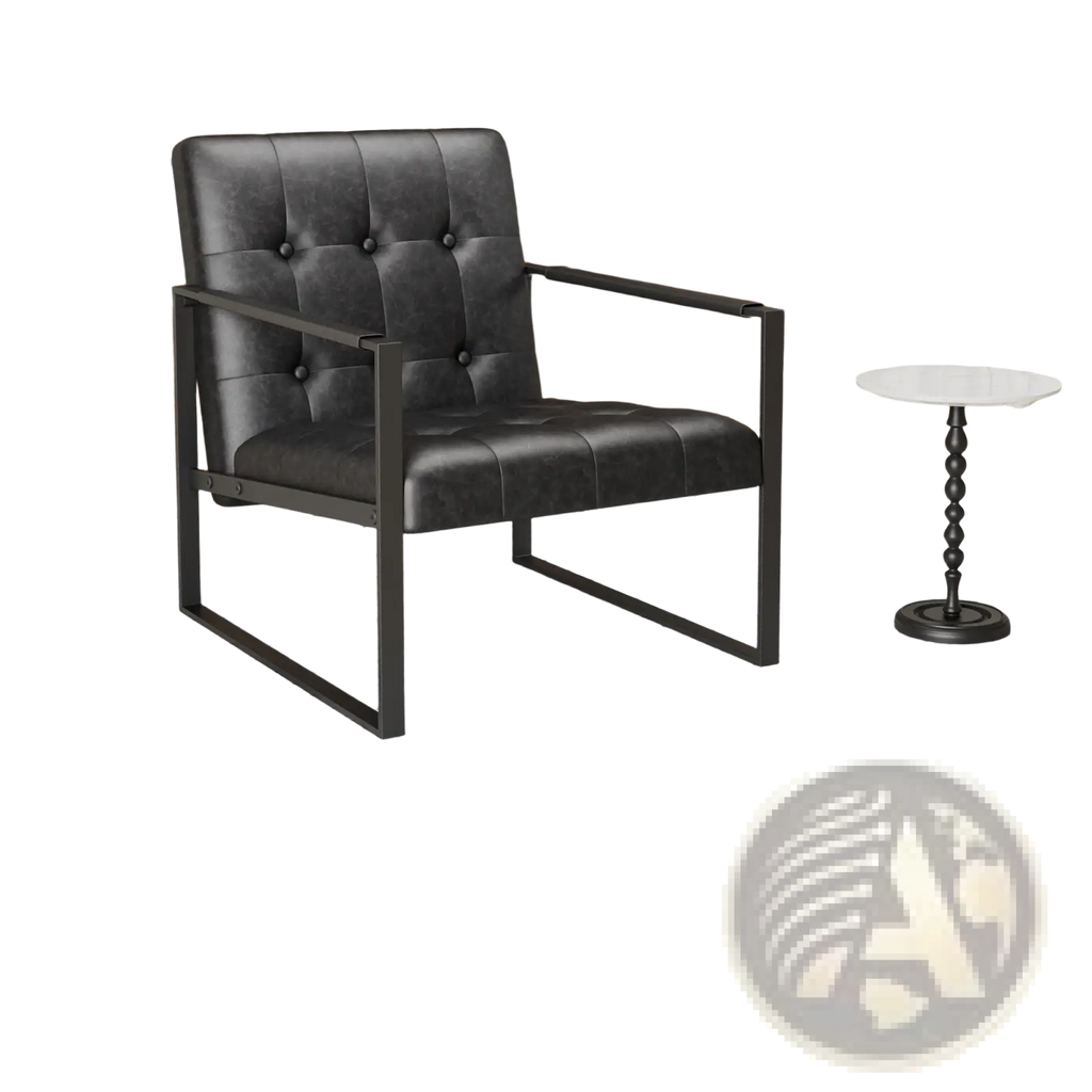 Black tufted leather accent chair with metal frame featuring a painted steel pipe structure and plush cushioning