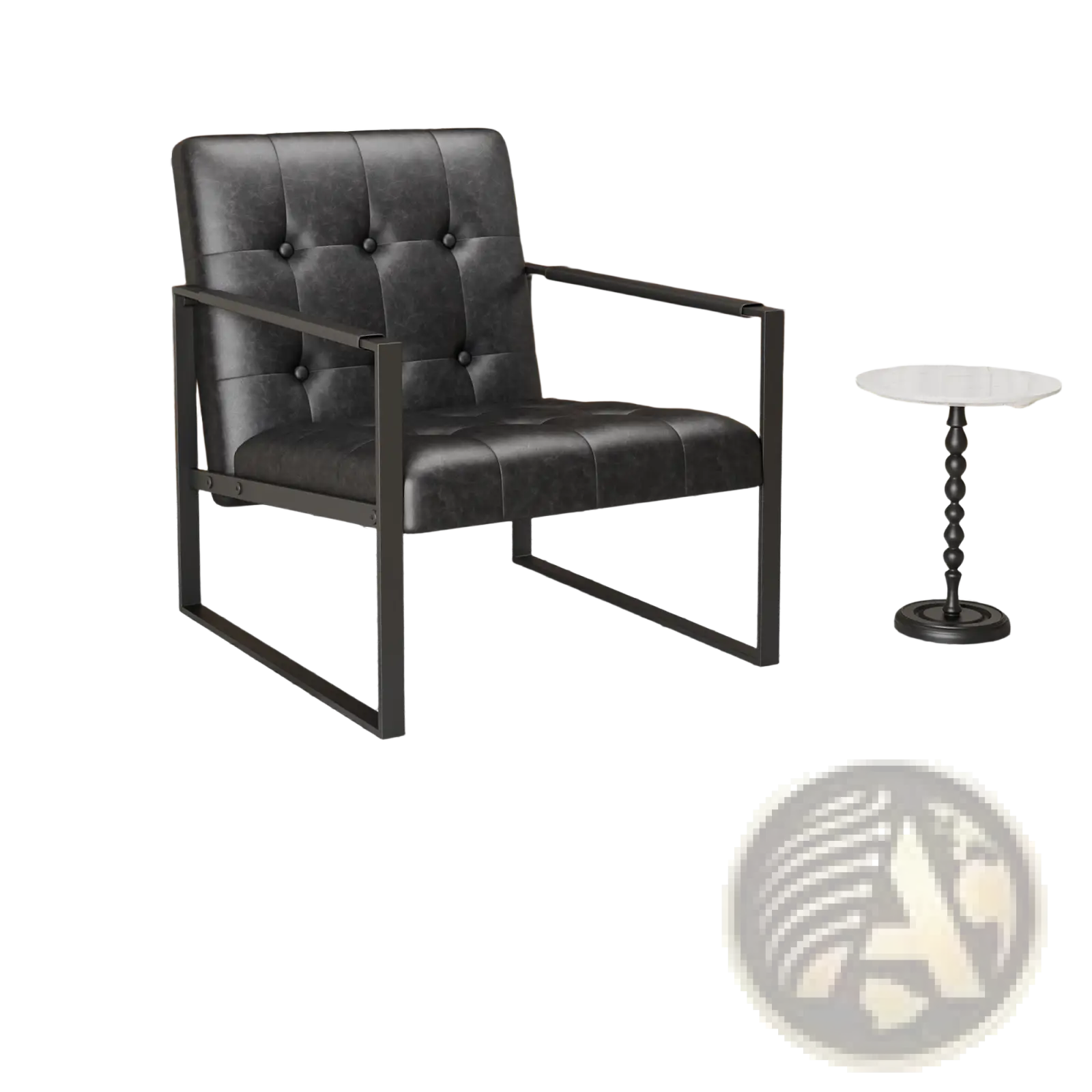 Black tufted leather accent chair with metal frame featuring a painted steel pipe structure and plush cushioning