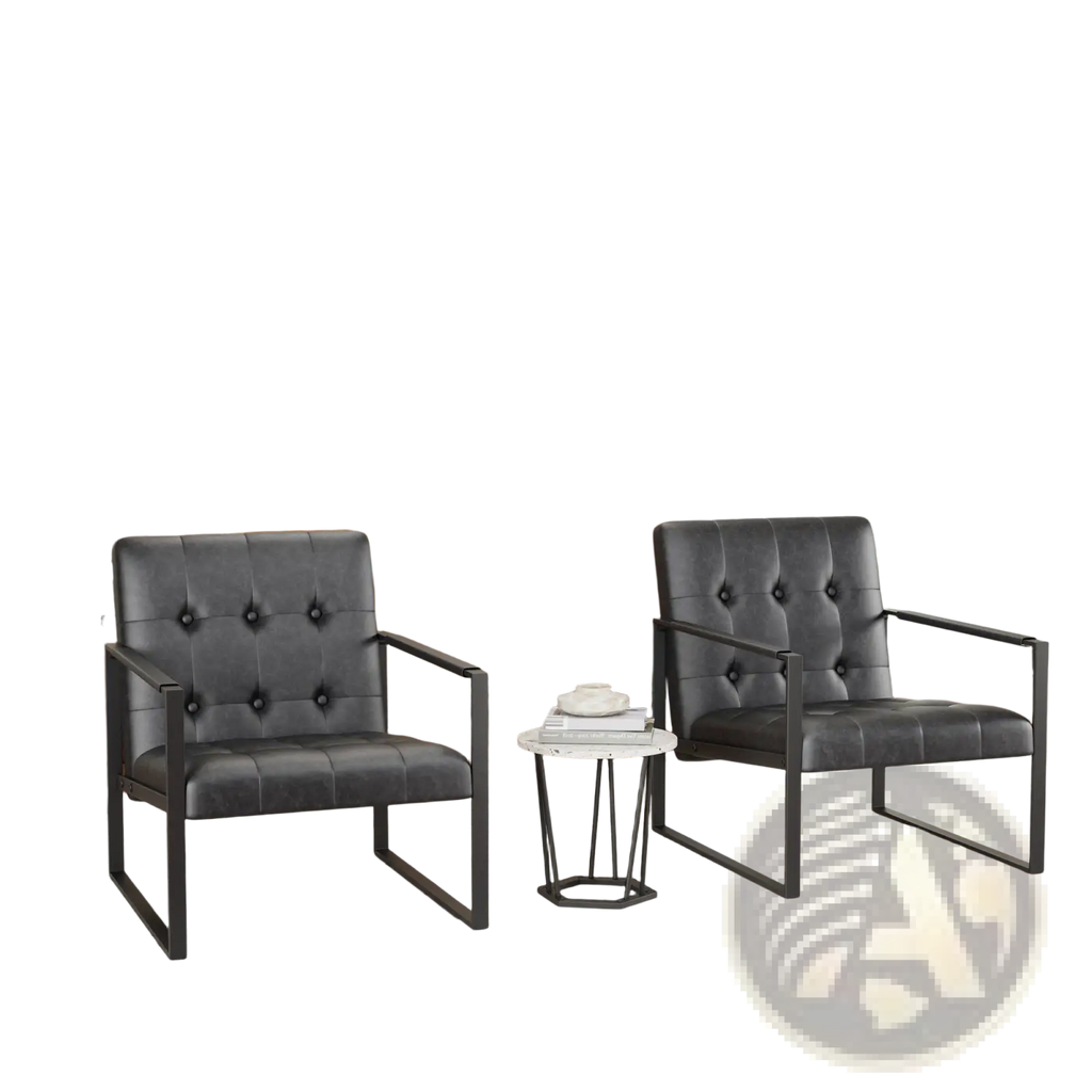 Black tufted leather accent chair with metal frame featuring tufted upholstery and sleek metal legs in black