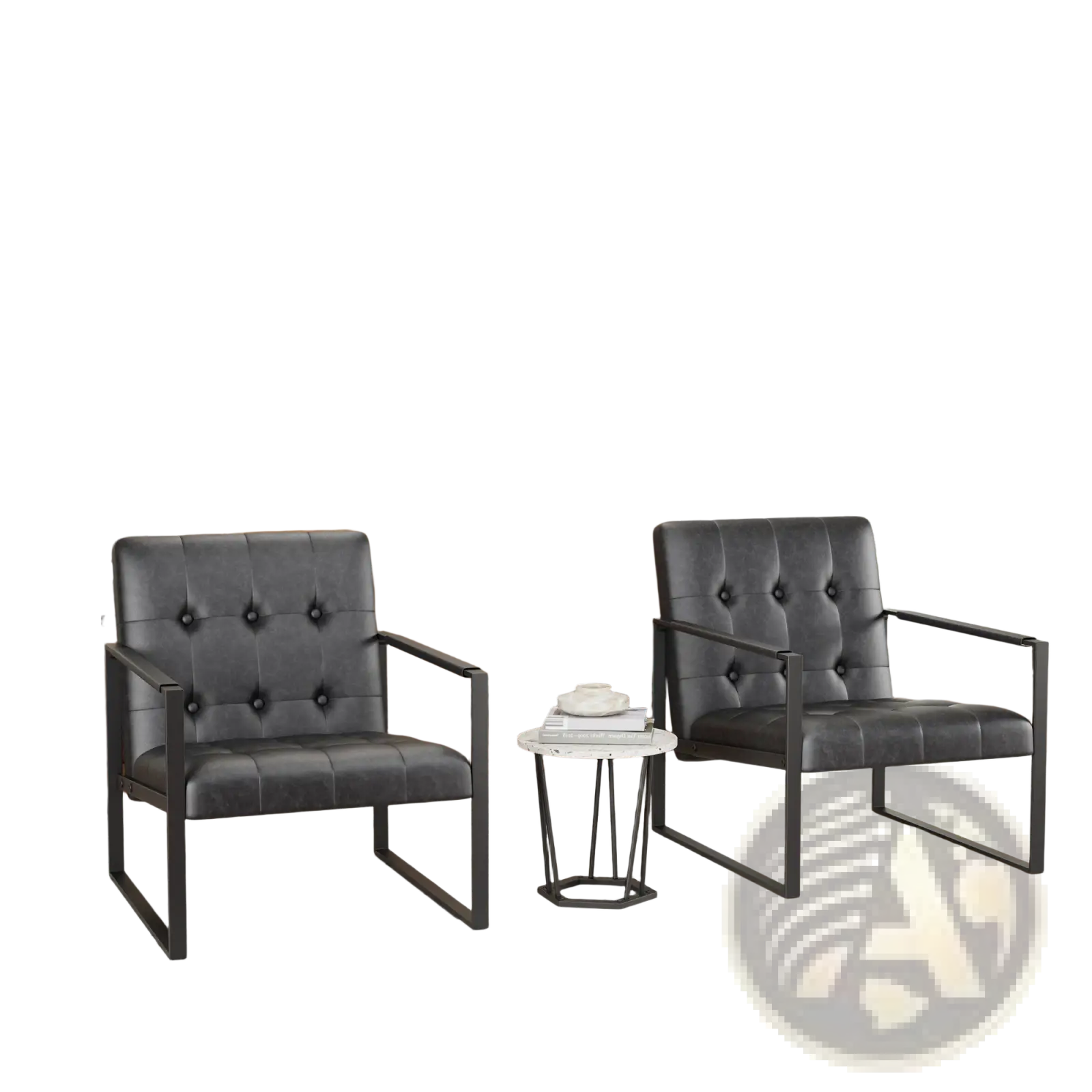 Black tufted leather accent chair with metal frame featuring tufted upholstery and sleek metal legs in black