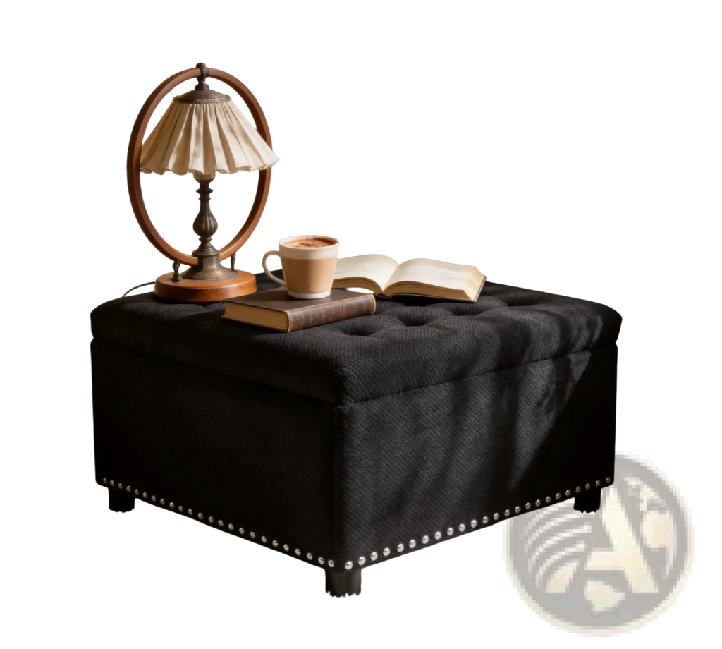 Black tufted storage ottoman in fabric with nailhead trim for elegant and functional living room seating and storage