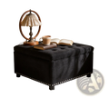 Black tufted storage ottoman in fabric with nailhead trim for elegant and functional living room seating and storage